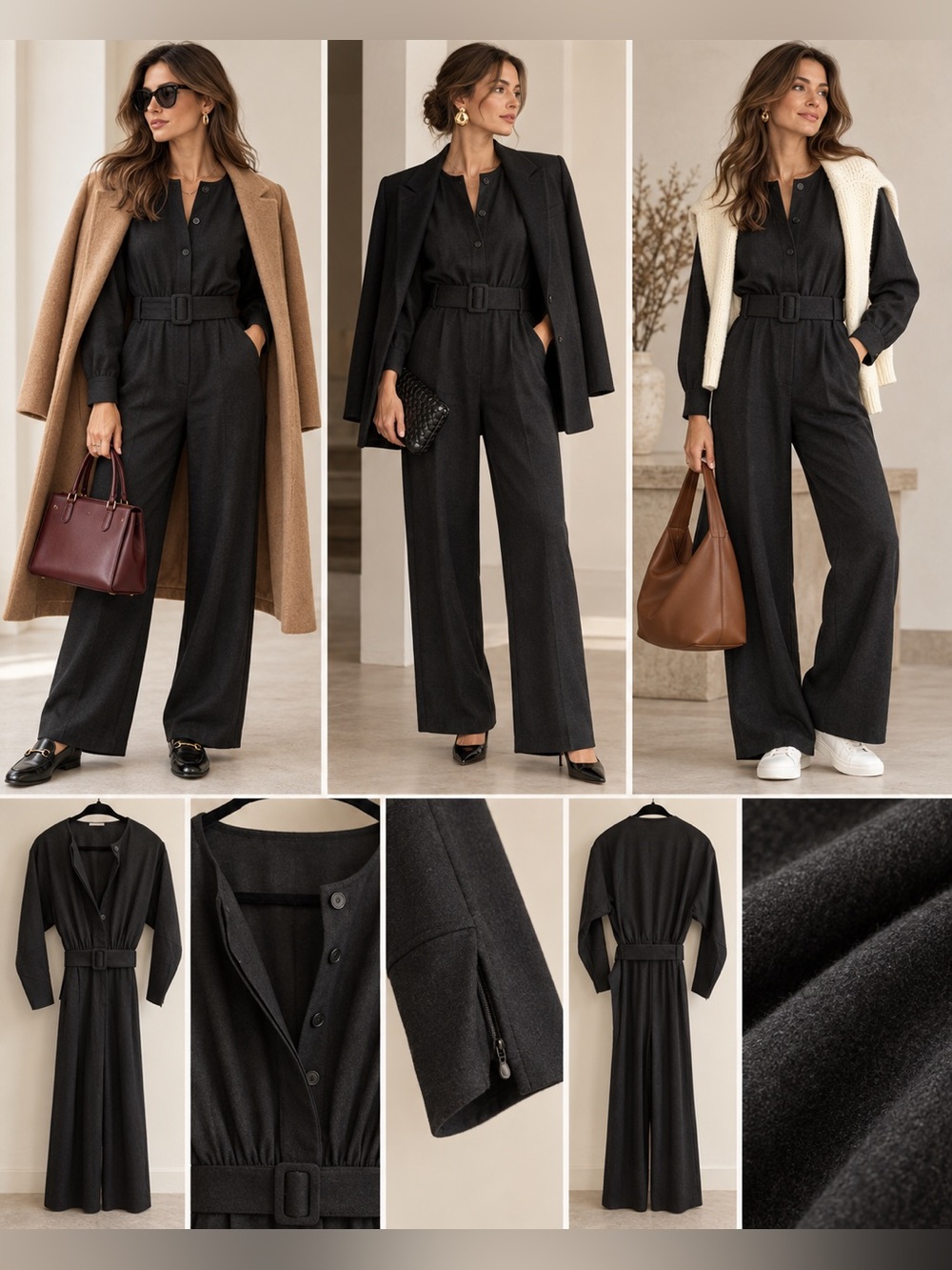 Massimo Dutti Black Wide-Leg Belted Jumpsuit